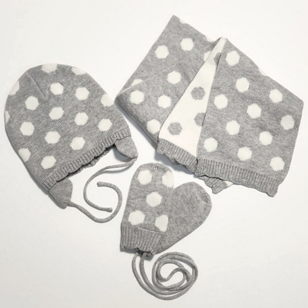 Jacadi Grey/White Polkadot Hat (6M), Scarf (TU), & Mitten (T1) Set ~ EUC - Picture 3 of 8